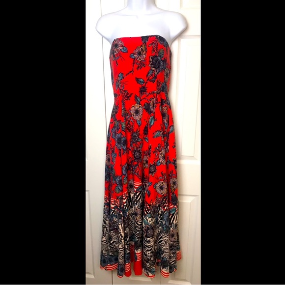New FREE PEOPLE Mila Strapless Maxi Dress Floral Zebra Red Motif Flowy Boho NWT - Picture 2 of 16